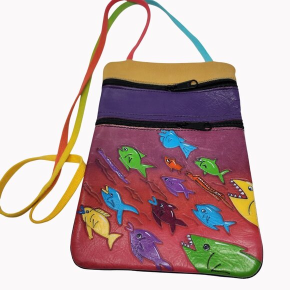 Handmade Embossed Leather Fish Design Shoulder Bag 9x6.25" - Picture 1 of 7